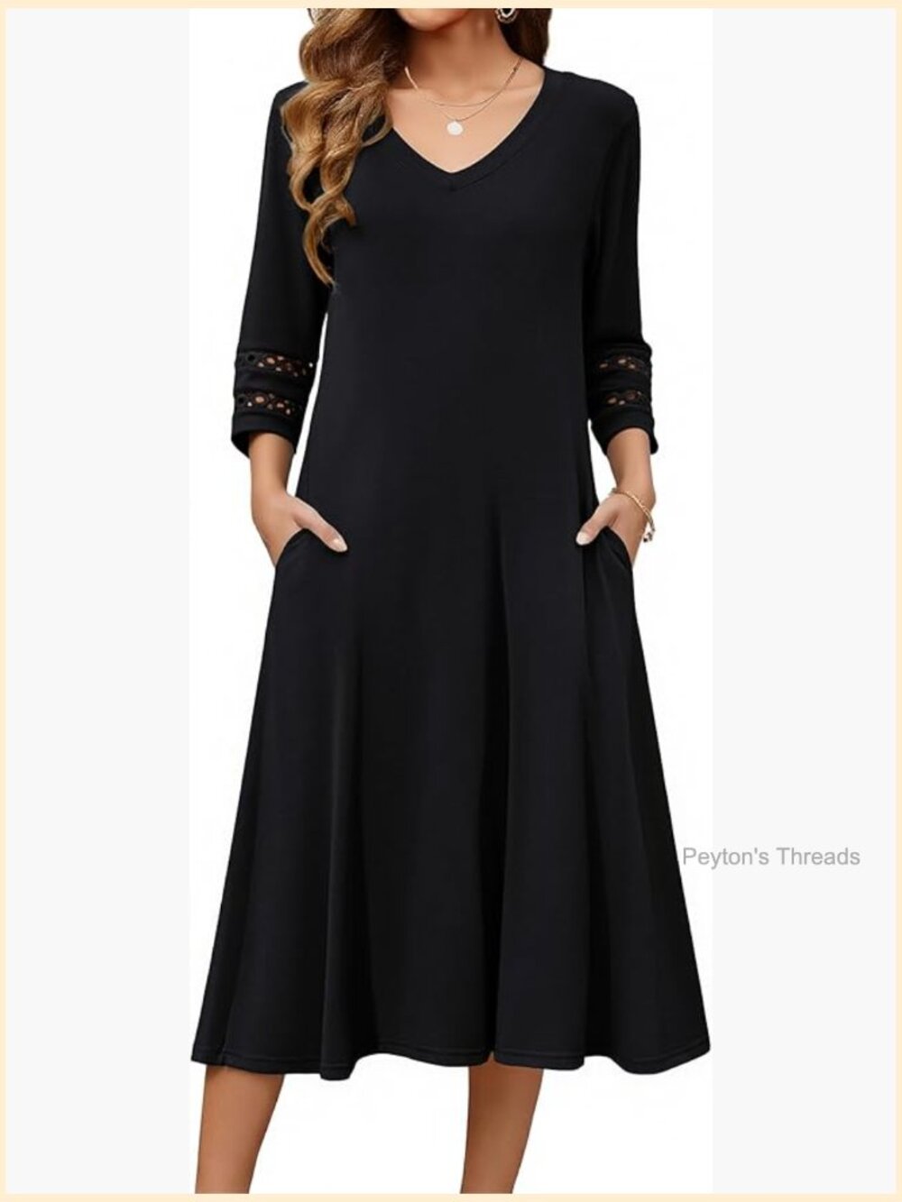 3/4 Sleeve V-Neck A-Line Flowy Eyelet Midi Dress Summer Beach Casual Sundress